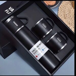 Black Vacuum Bottle and Cups Set - Travel Thermos Flask